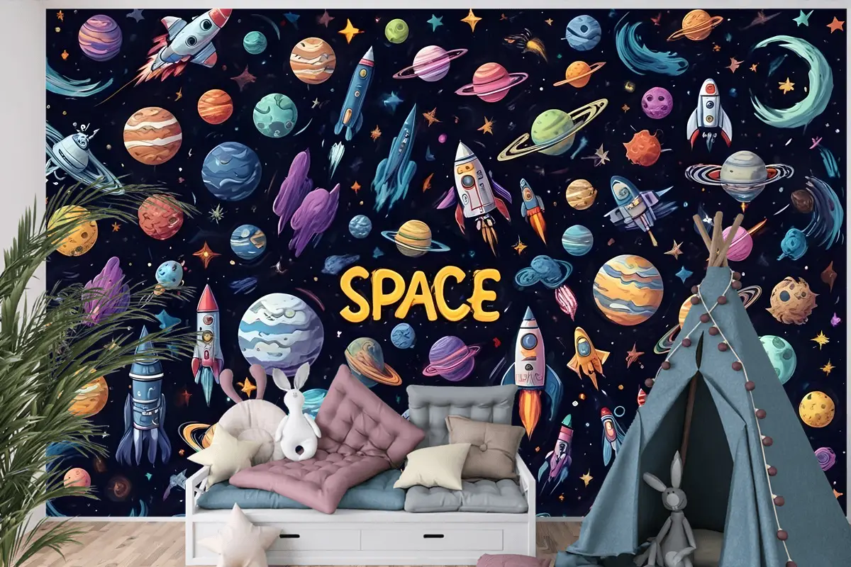 Astronot Ve Renkli Gezegenlerle Çocuk Karikatür Uzay Çocuk Odası Duvar Kağıdı