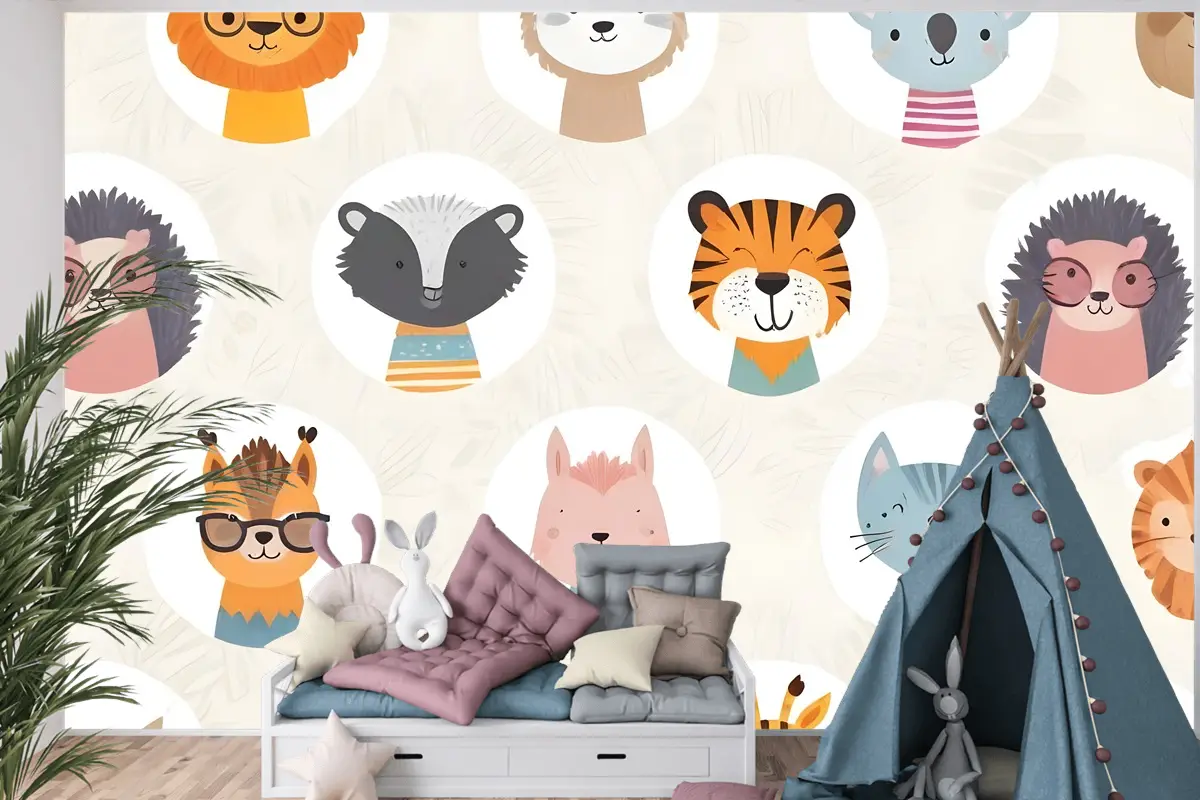 Çocuklar Sevimli Safari Hayvanlar Desen Çocuk Odası Duvar Kağıdı 