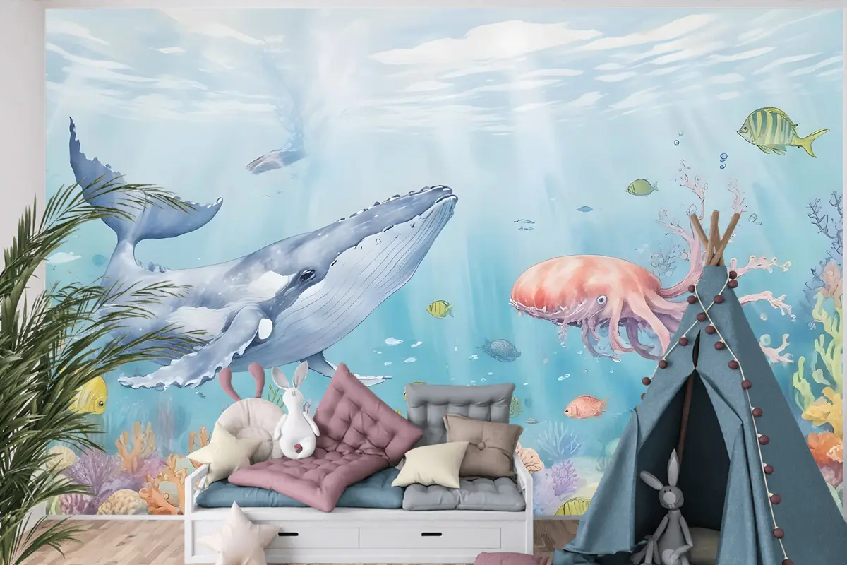 Çocuklar Sevimli Balina Denizaltı Çocuk Odası Duvar Kağıdı Duvar Resimleri