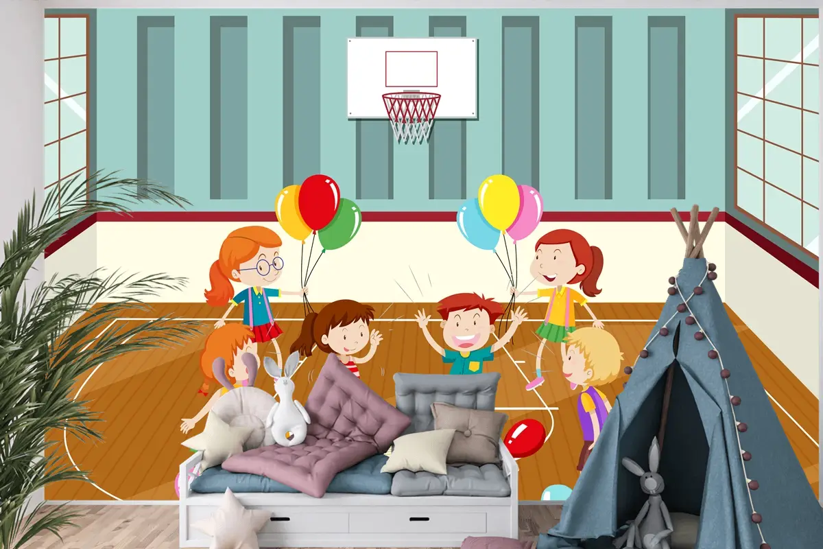Balonlarla Fiziksel Aktivite Yapan Çocuklar Çocuk Odası Duvar Kağıdı