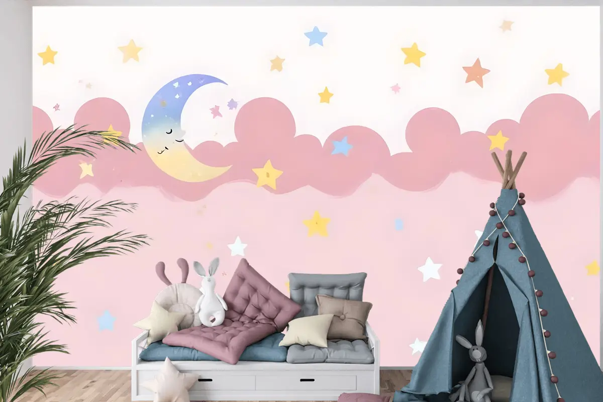 Çocuk Kız Pembe Gece Uyuyan Ay Çocuk Odası Duvar Kağıdı