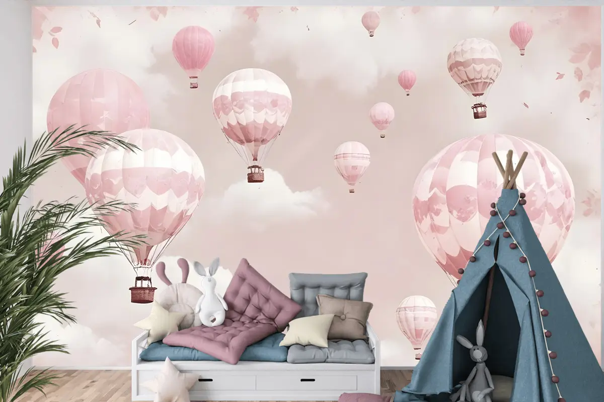 Çocuk Kız Sıcak Hava Balonu Çocuk Odası Duvar Kağıdı Duvar Pembe Gökyüzü