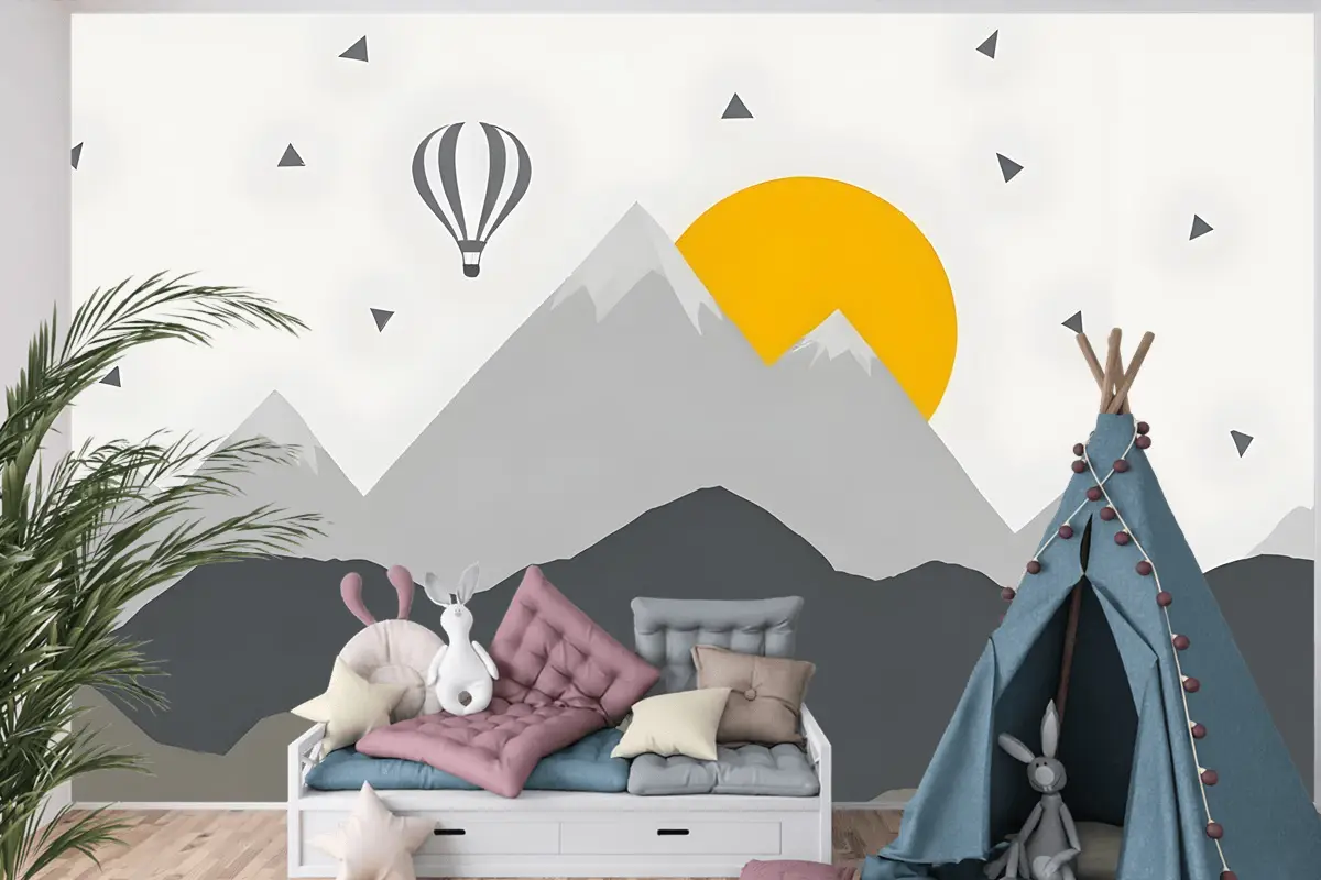 Çocuklar Gri Geometrik Dağ Manzarası Ve Sıcak Hava Balonu Çocuk Odası Duvar Kağıdı