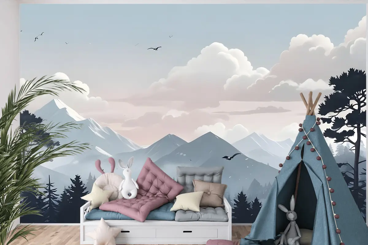 Çocuklar Karla Dağ Manzarası Çocuk Odası Duvar Kağıdı