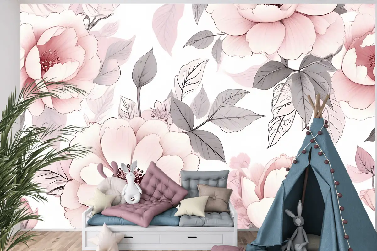 Çocuk Kreş Çiçek Pembe Gül Desenli Çocuk Odası Duvar Kağıdı