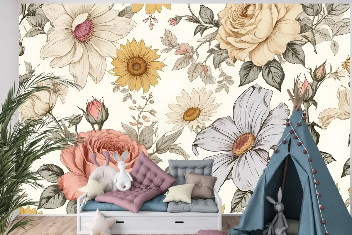 Çocuklar Şakayık Ve Papatya Çiçek Çocuk Odası Duvar Kağıdı