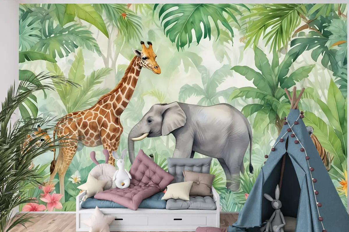Çocuklar Safari Suluboya Tropikal Orman Orman Hayvanları Çocuk Odası Duvar Kağıdı