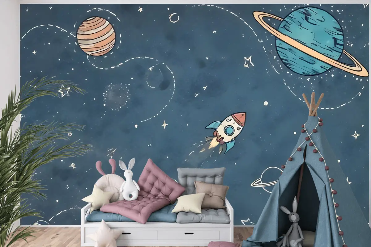 Beyaz Şerit Çocuk Odası Duvar Kağıdı  Ile Parlayan Karikatür Uzay Çocuklar