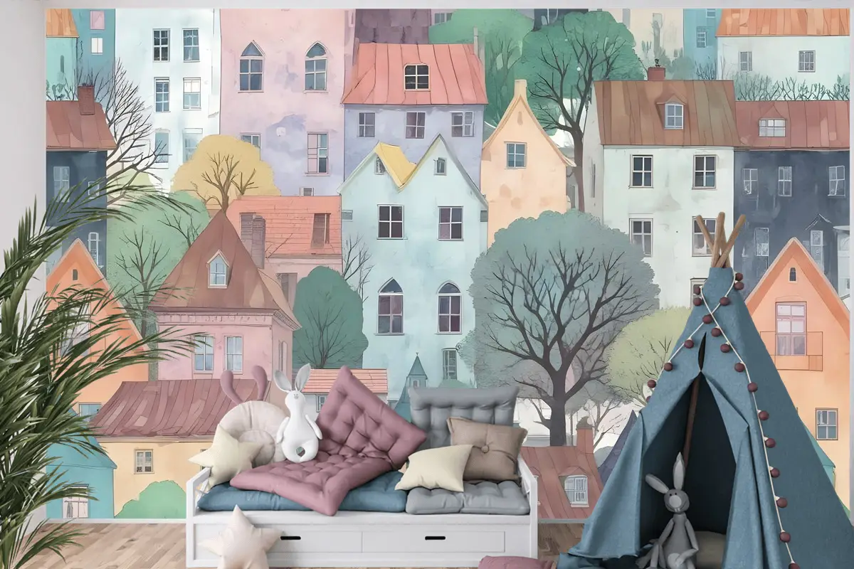Çocuklar Küçük Kasaba Sevimli Suluboya Ev Çocuk Odası Duvar Kağıdı