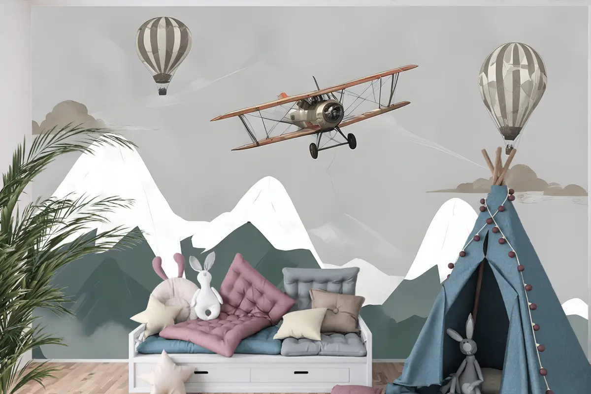 Çocuklar Uçak Ve Balonlarla Karlı Dağ Çocuk Odası Duvar Kağıdı