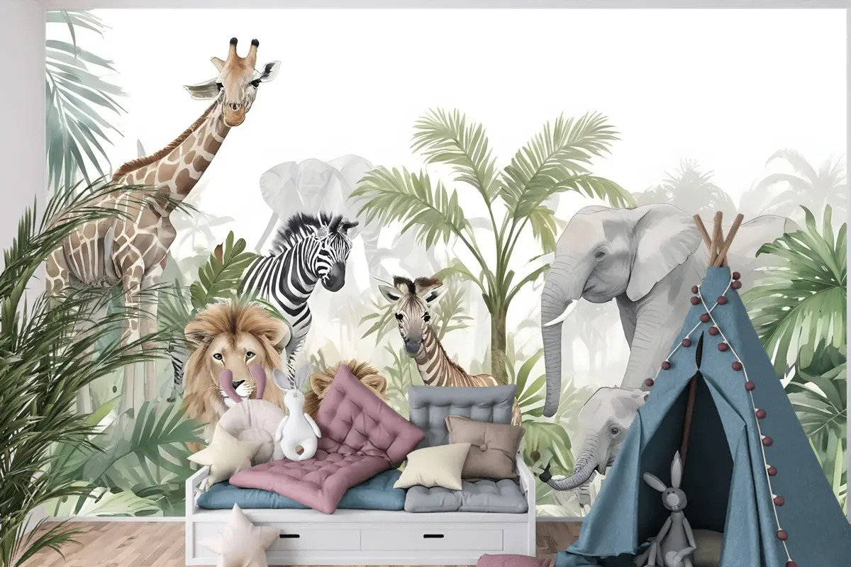 Yapraklı Tropikal Hayvanlar Çocuk Odası Duvar Kağıdı
