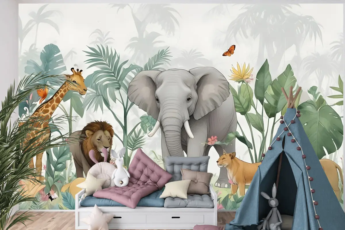 Yeşil Yapraklı Çocuklar Tropikal Safari Hayvanları Çocuk Odası Duvar Kağıdı