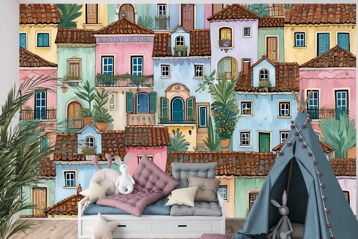 Çocuklar Suluboya Ortaçağ Evi Bitkilerle Çocuk Odası Duvar Kağıdı