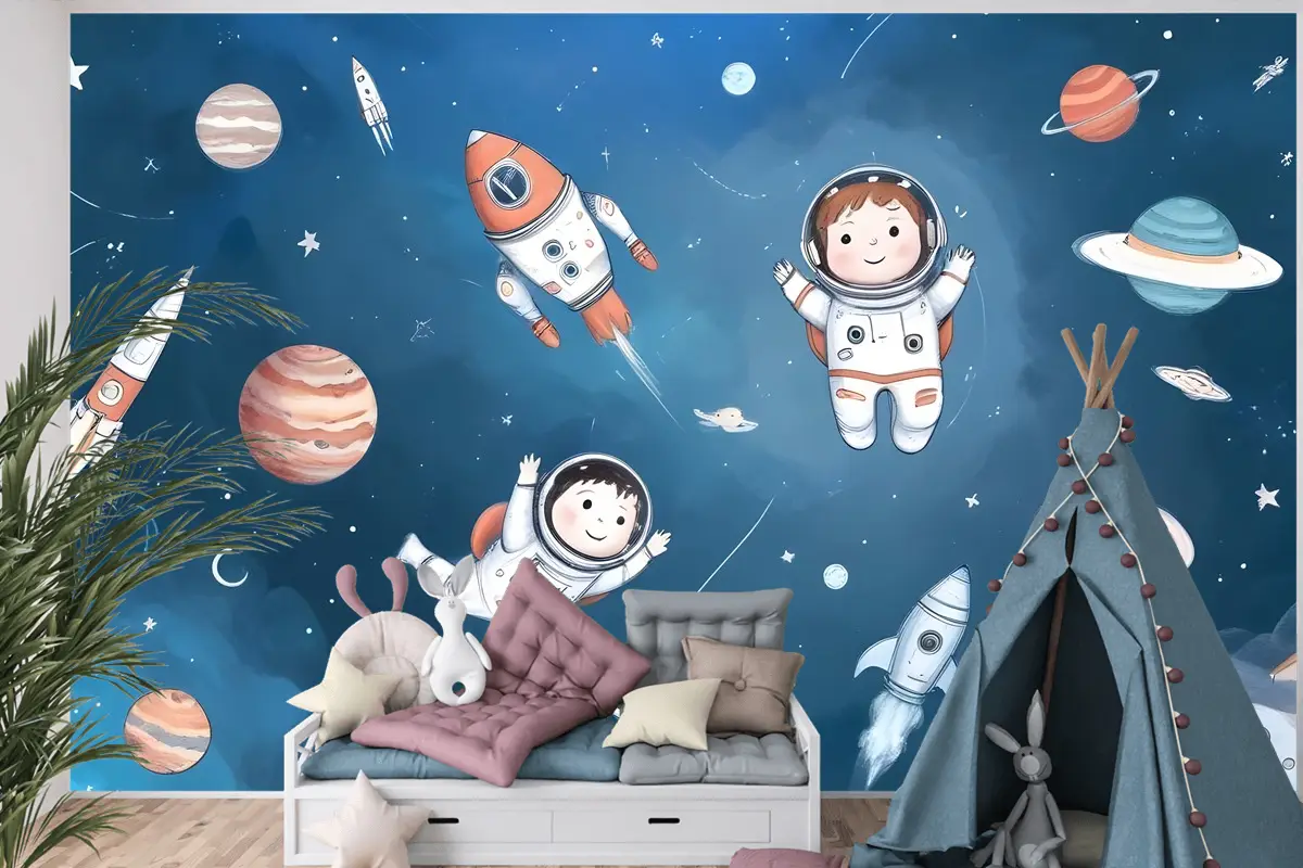 Gezegenler Çocuk Odası Duvar Kağıdı Ile Çocuklar Suluboya Uzay
