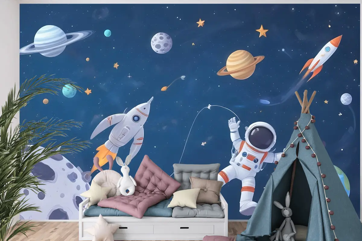 Uzay Gemisi Ve Astronotlu Çocuklar Suluboya Alanı Çocuk Odası Duvar Kağıdı