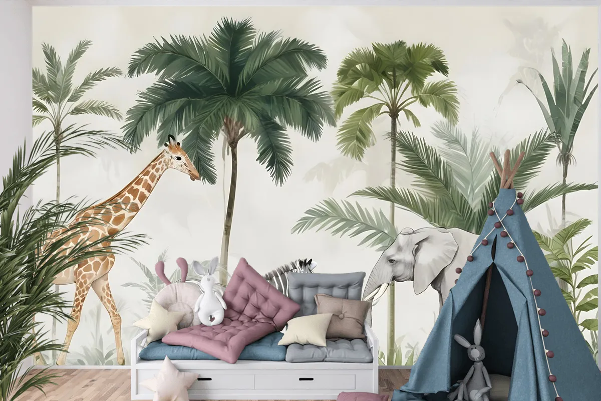 Palmiye Ağaçları Ile Çocuklar Vahşi Tropikal Hayvanlar Çocuk Odası Duvar Kağıdı