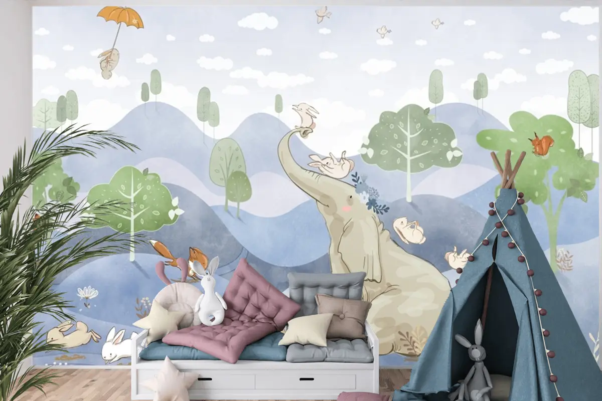 Kış Fil Tavşan Tilki  Sulu Boya Çocuk Odası Duvar Kağıdı