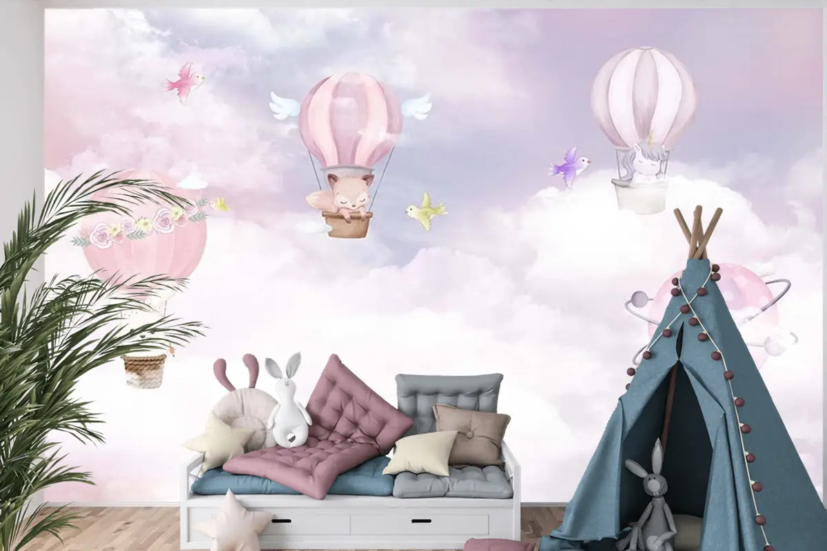Çocuk Odası Duvar Kağıdı Balonlar Ve Sevimli Hayvanlar