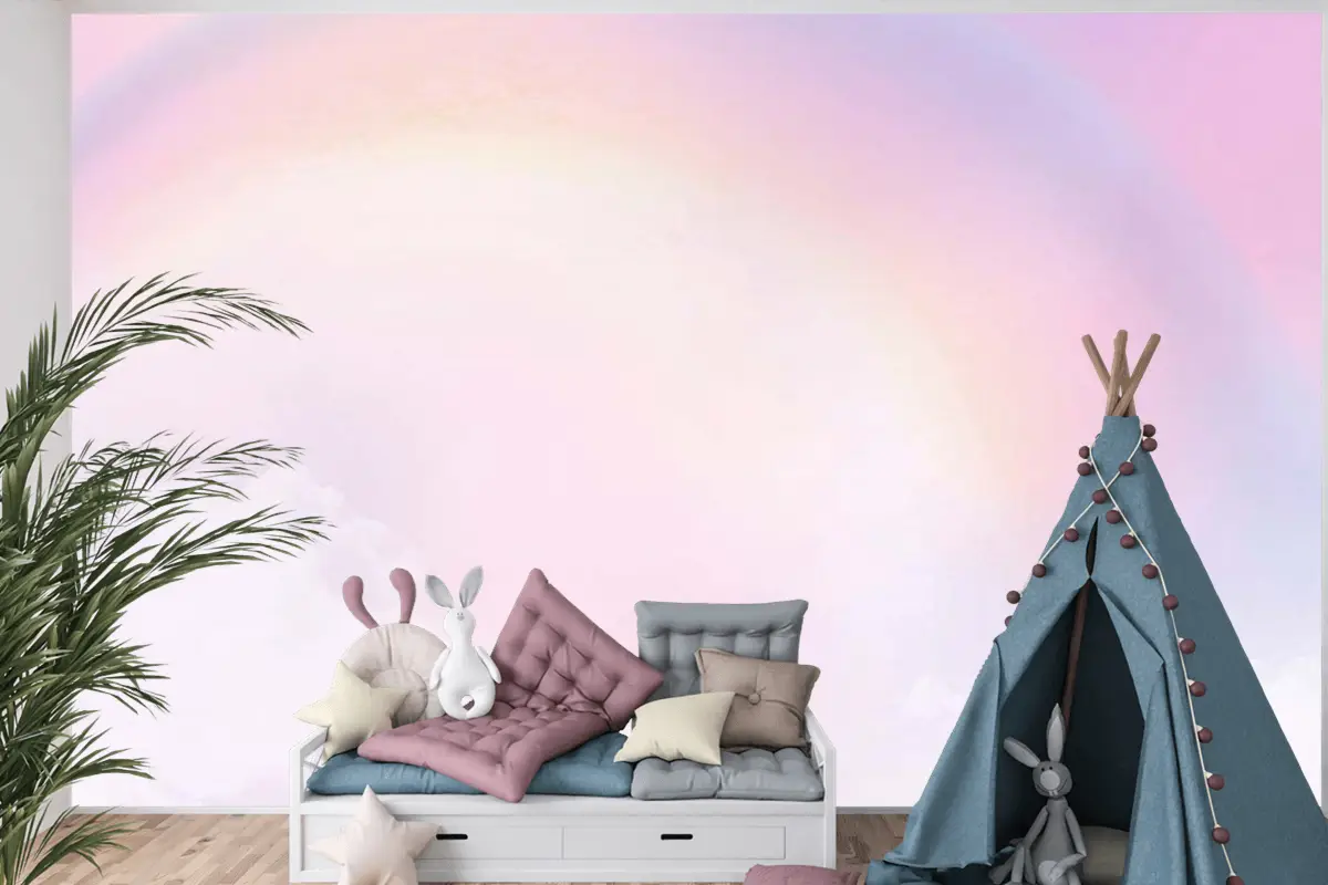 Çocuk Odası Duvar Kağıdı Gökkuşağı Ve Pembe Bulutlar