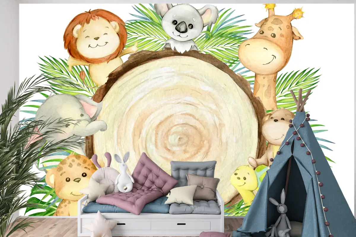 Leopar Maymun Koala Aslan Kaplumbağa Fil Zürafa Yazı Bir Tropikal Hayvanlar Çocuk Odası Duvar Kağıdı
