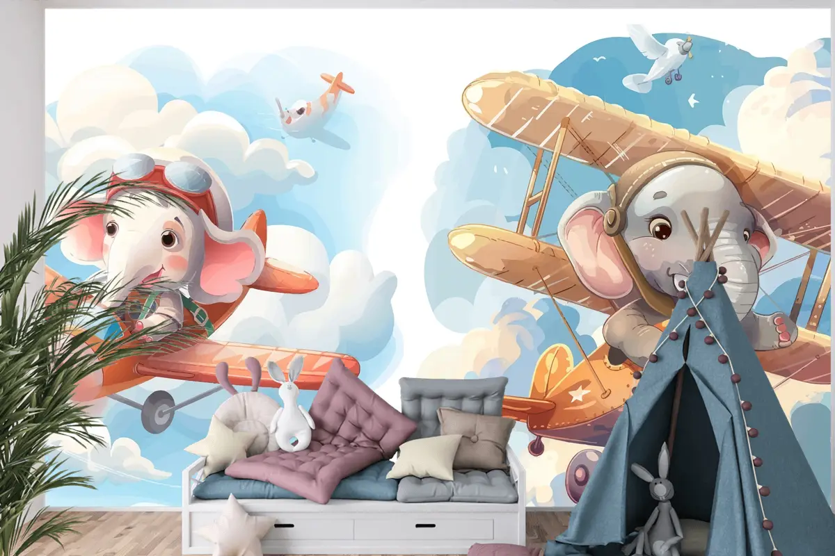 Uçaktaki Küçük Fil Çocuk Odası Duvar Kağıdı 