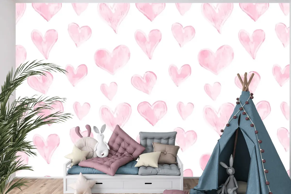 Aşk Kalp Deseni Elle Çizilmiş Sevgililer Günü Çocuk Odası Duvar Kağıdı
