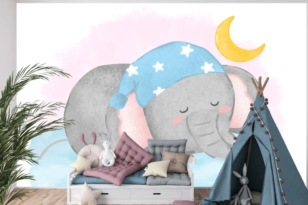 Suluboya Çocuk Odası Duvar Kağıdı Nde Bulutun Üzerinde Uyuyan Güzel Fil