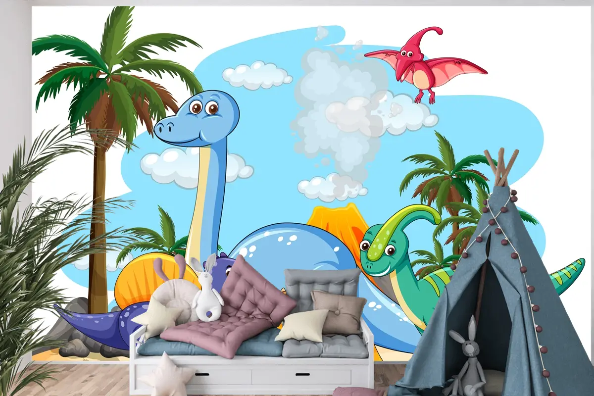Tarih Öncesi Topraklarda Birçok Sevimli Dinozor Karakteri İzole Çocuk Odası Duvar Kağıdı