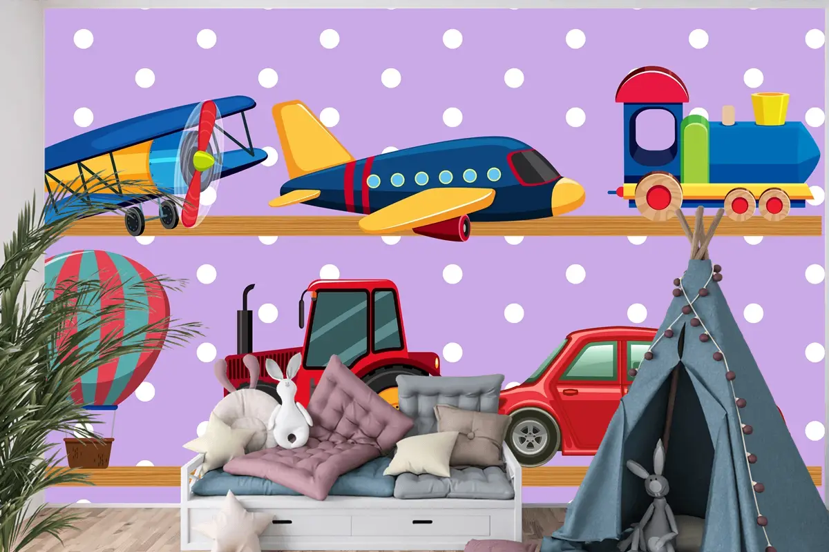 Ahşap Raflarda Birçok Taşıma Oyuncakları Çocuk Odası Duvar Kağıdı