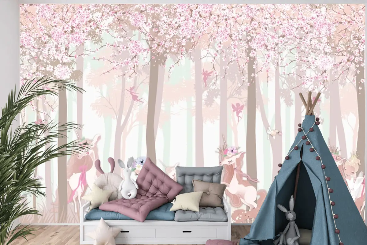 Masal Unicorn Pembe Orman Çocuk Odası Duvar Kağıdı