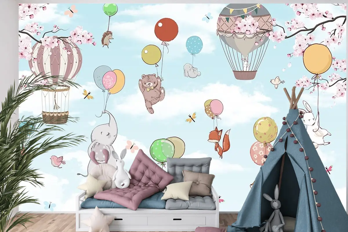 Mavi Gökyüzünde Balonlara Asılan Sevimli Hayvanlar Çocuk Odası Duvar Kağıdı
