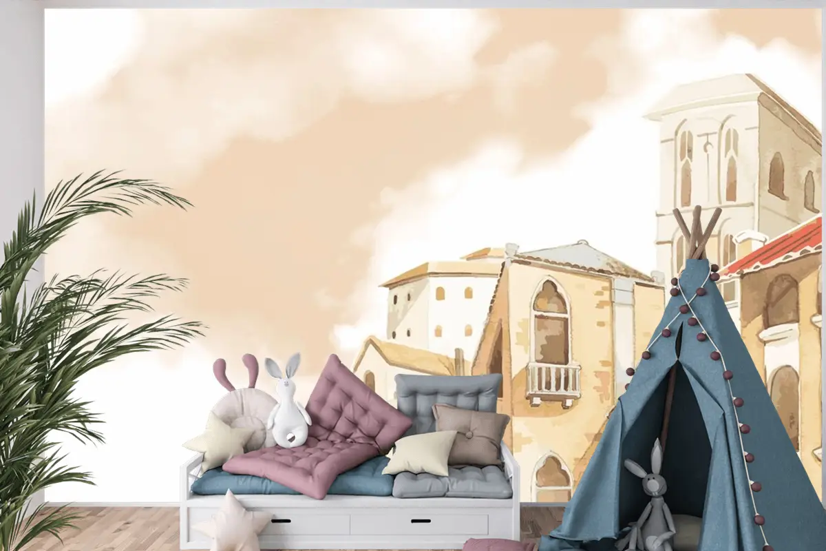 Akdeniz Şehir Binası Dış Su Renk Stili Çocuk Odası Duvar Kağıdı 