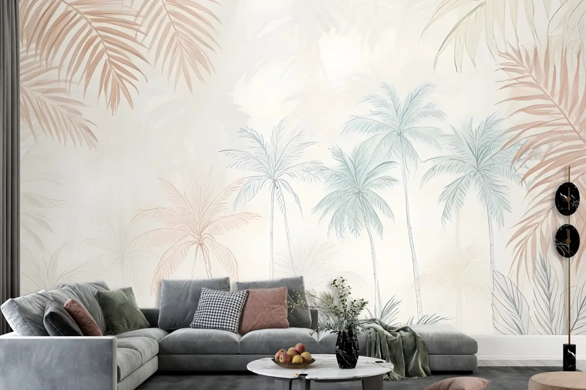 Minimalist Pembe Ve Yeşil Mürekkep Tropikal Oturma Odası Salon Duvar Kağıdı