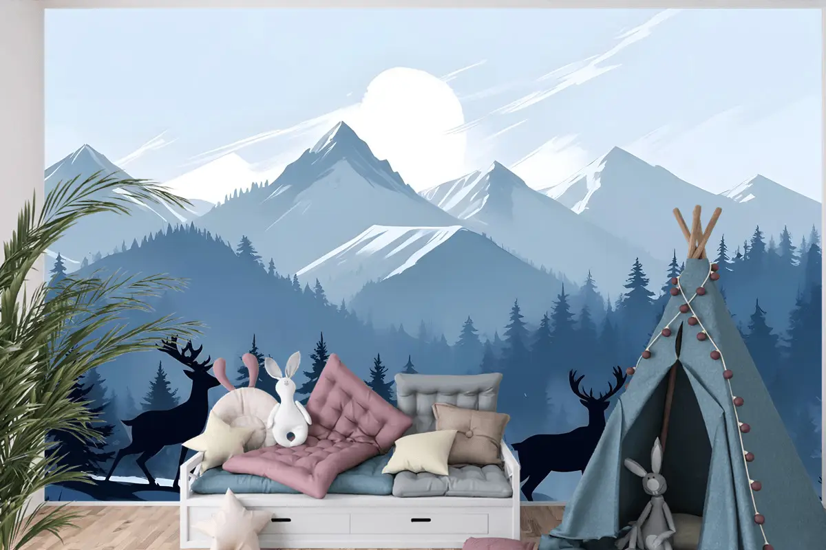 Çocuklar Için Boynuzlu Geyik Silueti Ile Tek Renkli Koyu Mavi Karlı Orman Çocuk Odası Duvar Kağıdı