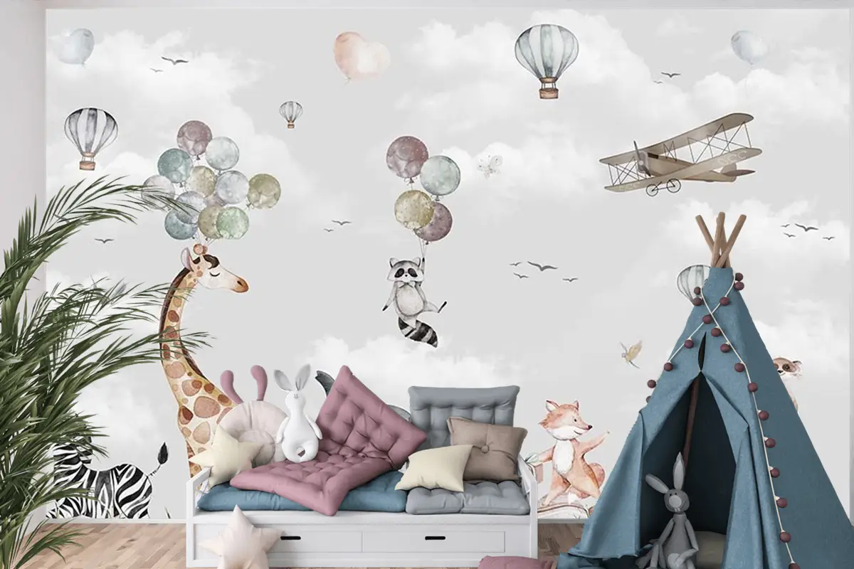 Mutlu Hayvanların Renkli Dünyası Çocuk Odası Duvar Kağıdı