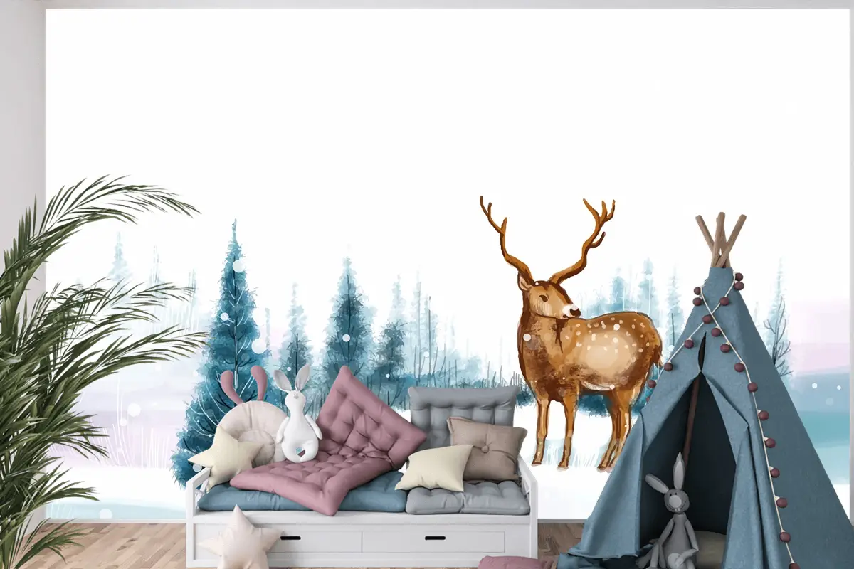 Ren Geyiği Çocuk Odası Duvar Kağıdı  Ile Yeni Yıl Ve Noel Ağacı Kış Manzarası Arka Plan