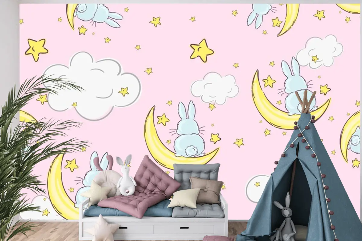 Ayların Ve Yıldızların Üzerinde Oturan Sevimli Tavşanlarla Gece Gökyüzü Doodle Deseni Sorunsuz Çocuk Odası Duvar Kağıdı