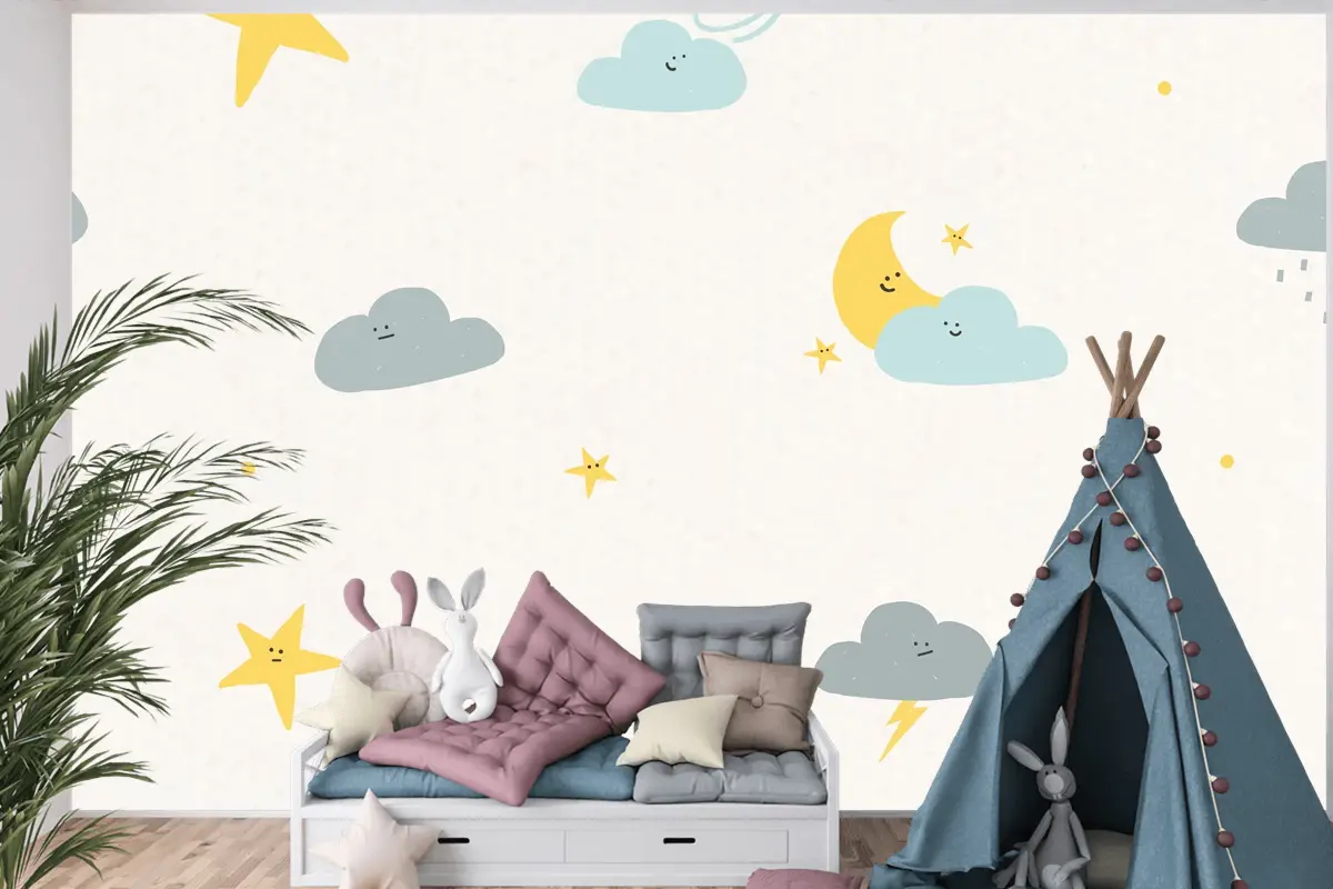 Gece Gökyüzü Kusursuz Desenli Hava Durumu Doodle Arkaplanı Çocuklar İçin Çocuk Odası Duvar Kağıdı