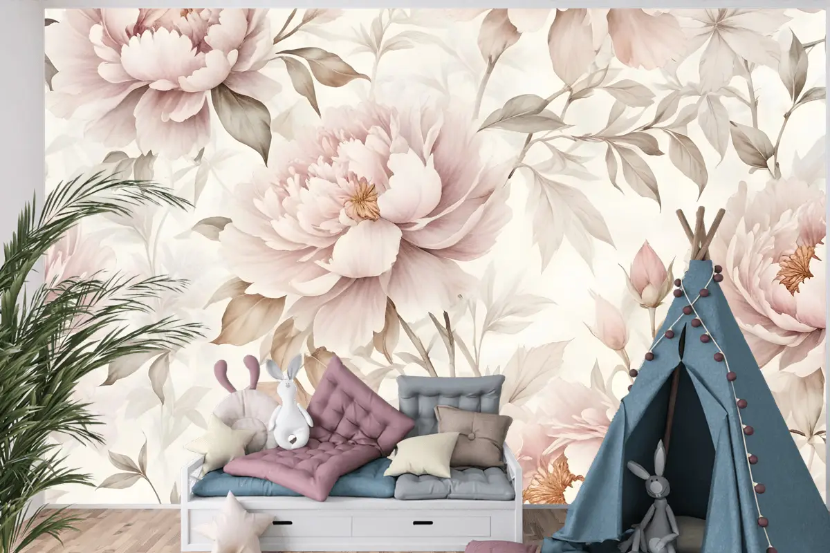 Kızlar Için Kreş Pastel Şakayık Suluboya Çiçek Çocuk Odası Duvar Kağıdı