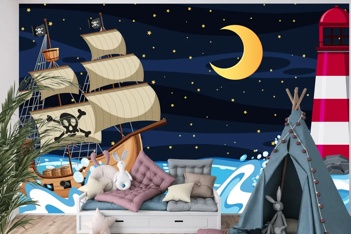 Karikatür Tarzında Korsan Gemisi Ile Gece Okyanus Sahnesi Çocuk Odası Duvar Kağıdı