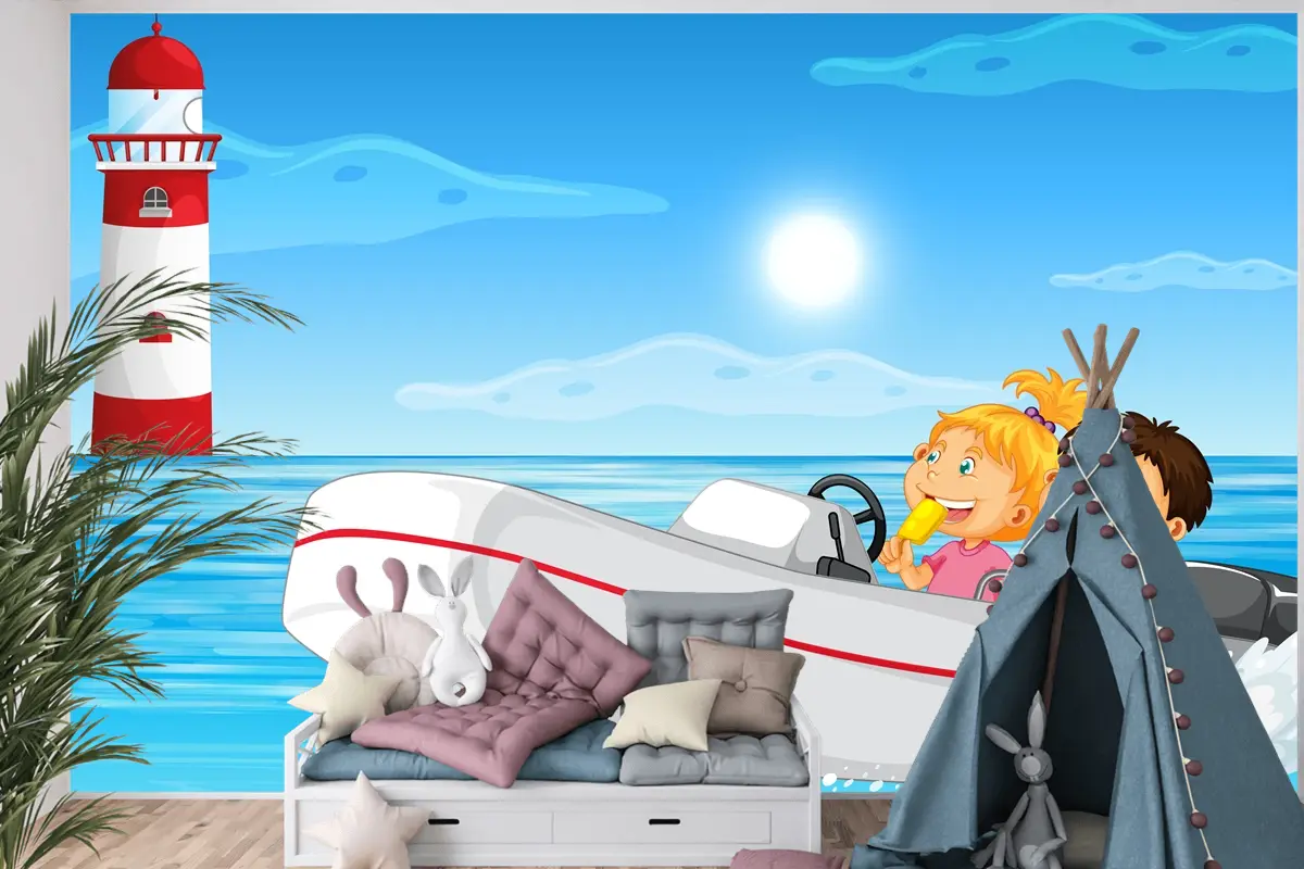 Motorlu Teknede Çocuklu Okyanus Manzarası Çocuk Odası Duvar Kağıdı