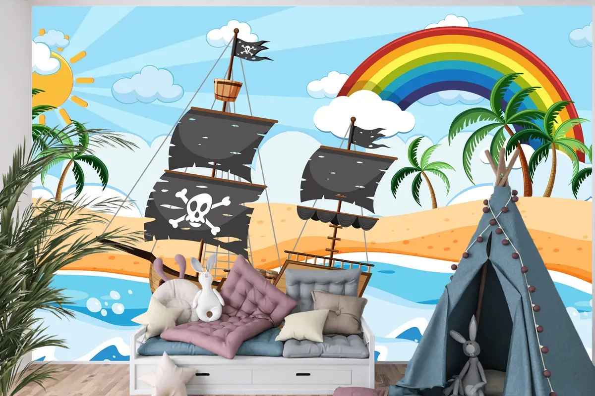 Karikatür Tarzı Çocuk Odası Duvar Kağıdı Duvarında Gündüz Sahnesinde Korsan Gemisi Ile Okyanus