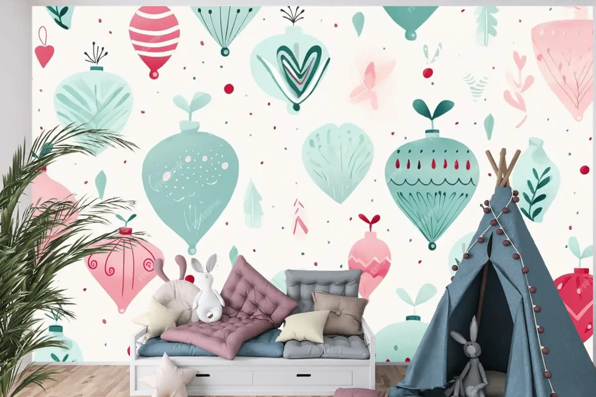 Ağaç Ve Süslerle Renkli Noel Kusursuz Deseni Modern Canlı Sonsuz Çocuk Odası Duvar Kağıdı