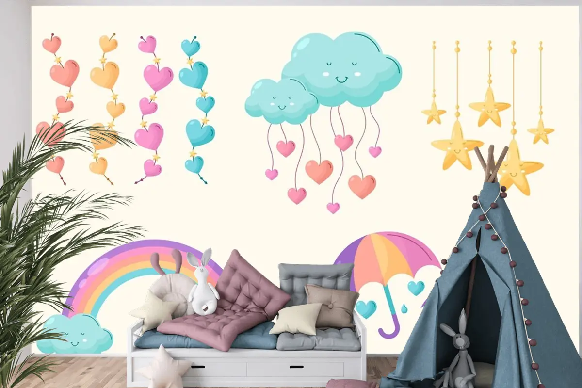 Organik Düz Chuva De Amor Dekorasyon Elemanı Koleksiyonu Çocuk Odası Duvar Kağıdı 