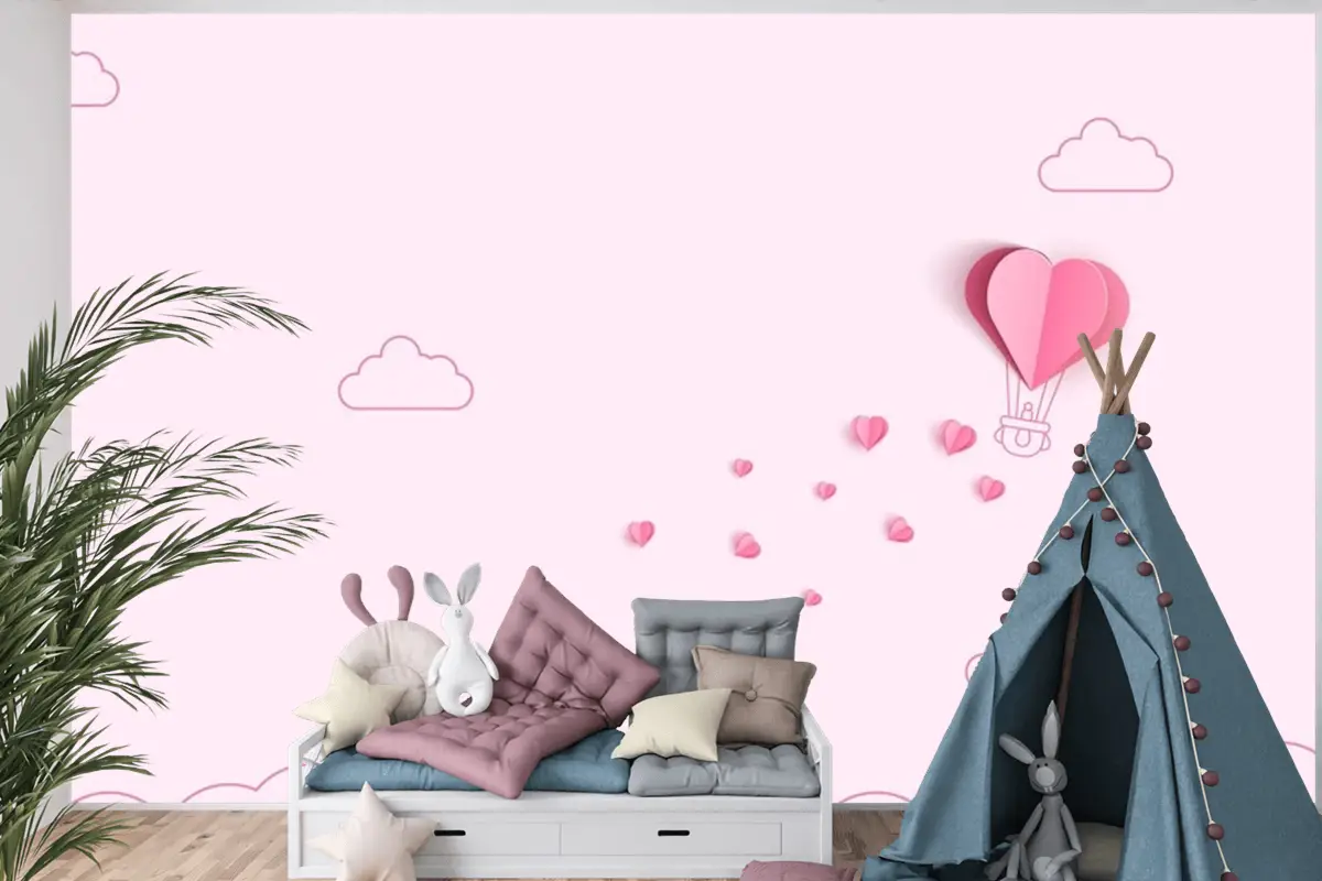 Origami Yapımı Sıcak Hava Balonu Ve Bulut Çocuk Odası Duvar Kağıdı