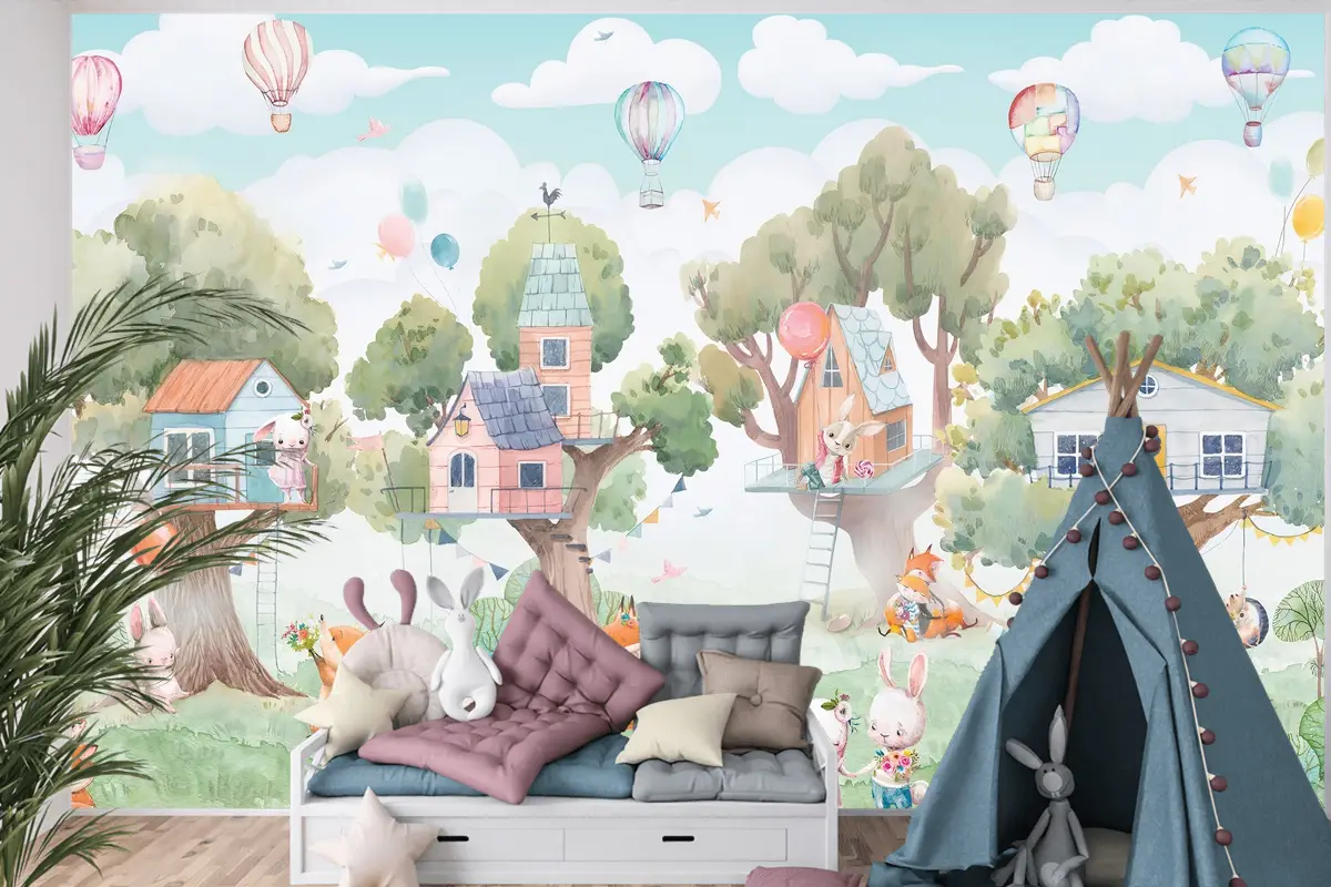 Orman Ağaçevleri ve Şenlikçi Hayvanlar Çocuk Odası Duvar Kağıdı