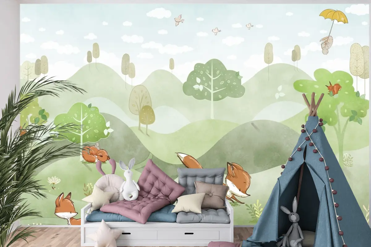 Orman Hayvanları Yeşil Orman Geyik Tilki Tavşan Bebek Odası Duvar Kağıdı