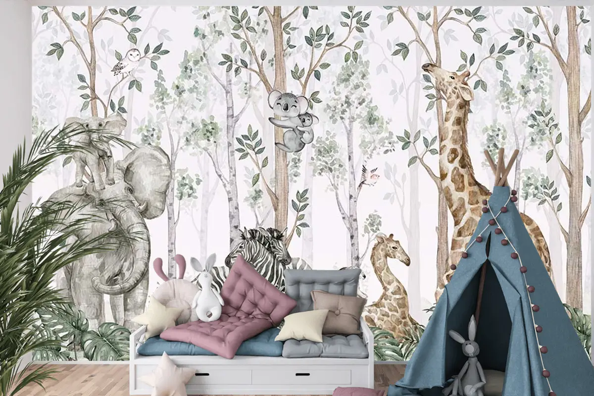 Ormanda Ağaçlar Arasında Sevimli Hayvanlar Çocuk Odası Duvar Kağıdı
