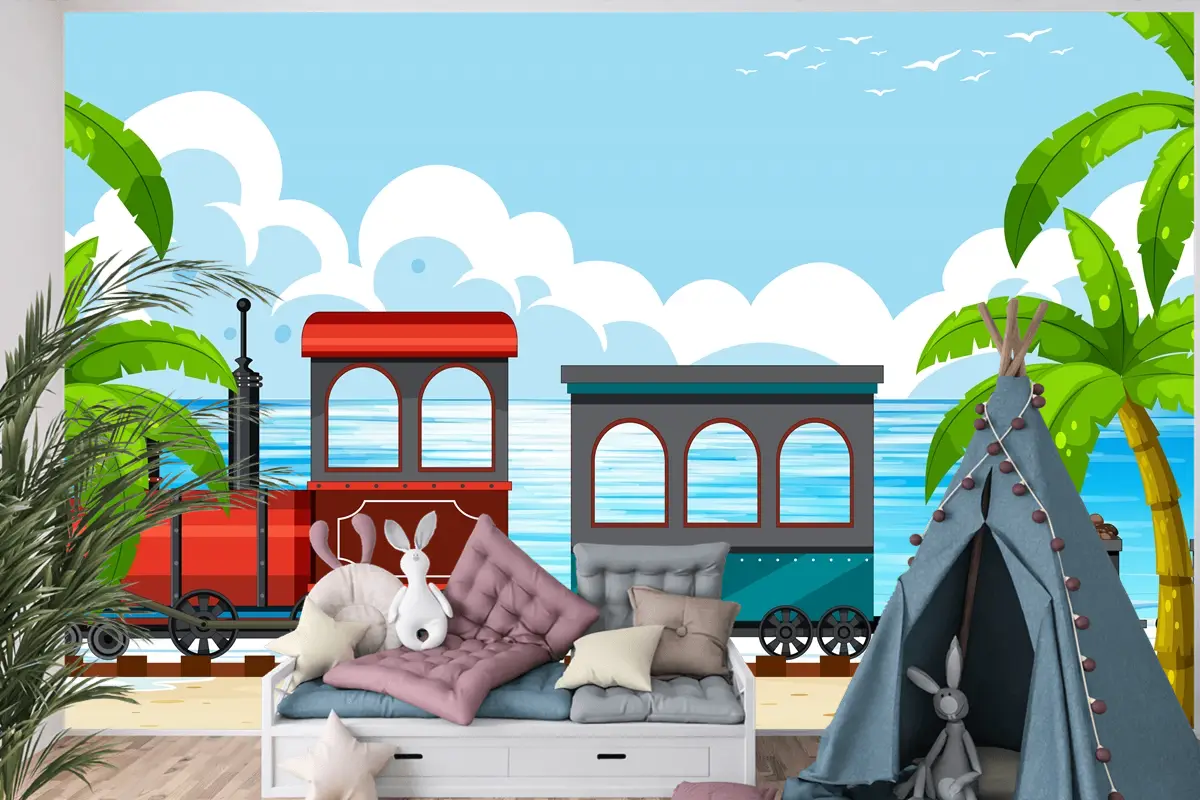 Buharlı Lokomotif Treni Boys Çocuk Odası Duvar Kağıdı  Ile Açık Hava Sahnesi