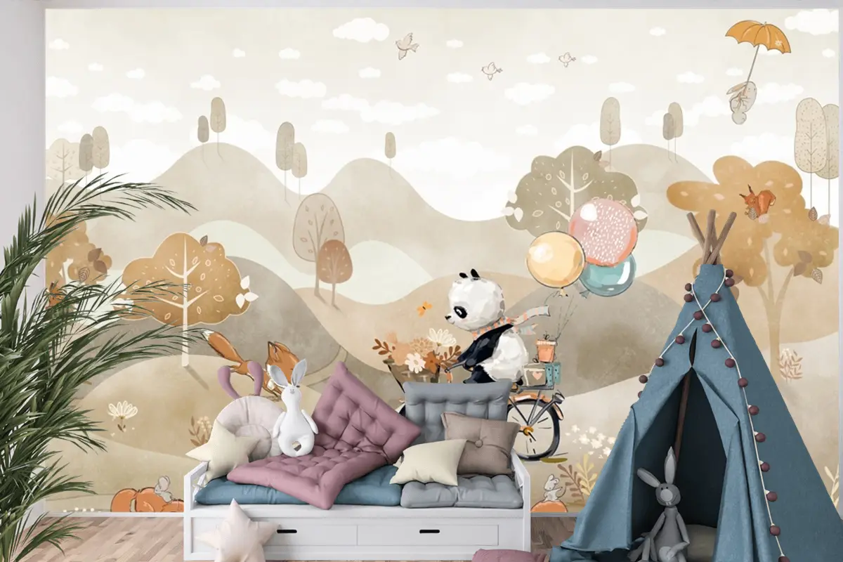 Panda Bisiklet Orman Yaban Hayatı Çocuk Odası Duvar Kağıdı